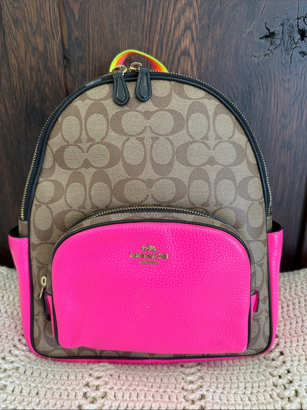 Coach Court Color Block Backpack Brown Signature w/ Hot Pink